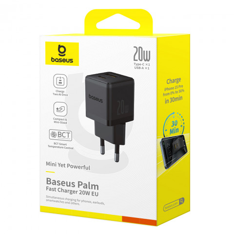 
„Palm“ 20 W USB-C USB-A sieninis įkroviklis – juodas
