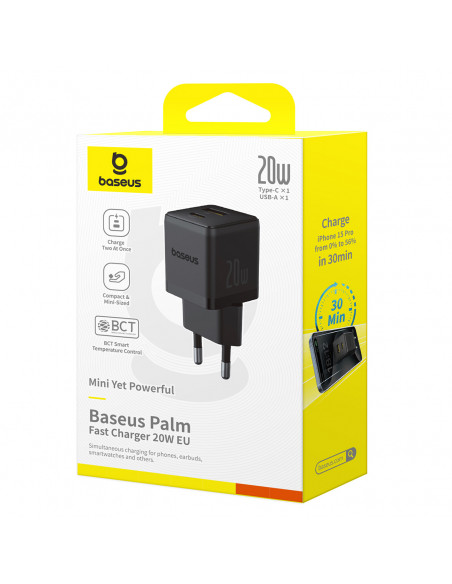 
„Palm“ 20 W USB-C USB-A sieninis įkroviklis – juodas
