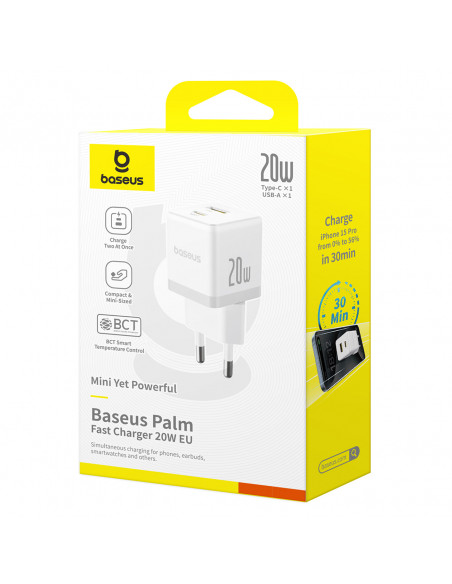 
„Palm“ 20 W USB-C USB-A sieninis įkroviklis – baltas
