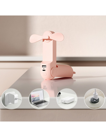 
Mini nešiojamas ventiliatorius su išorinės baterijos funkcija ir žibintuvėliu, USB-A, USB-C, 2000mAh, rožinis
