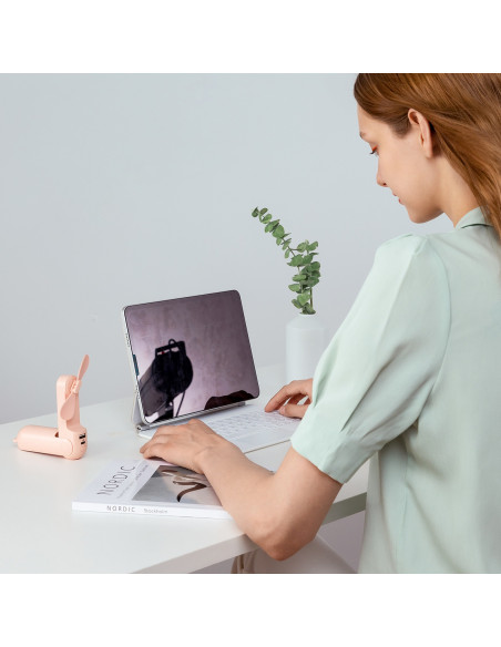 
Mini nešiojamas ventiliatorius su išorinės baterijos funkcija ir žibintuvėliu, USB-A, USB-C, 2000mAh, rožinis
