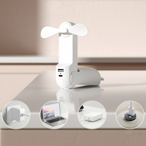 
Mini nešiojamas ventiliatorius su išorinės baterijos funkcija ir žibintuvėliu, USB-A, USB-C, 2000mAh, baltas
