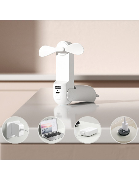 
Mini nešiojamas ventiliatorius su išorinės baterijos funkcija ir žibintuvėliu, USB-A, USB-C, 2000mAh, baltas
