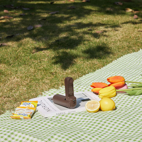 
Mini nešiojamas ventiliatorius su išorinės baterijos funkcija ir žibintuvėliu, USB-A, USB-C, 2000mAh - rudas
