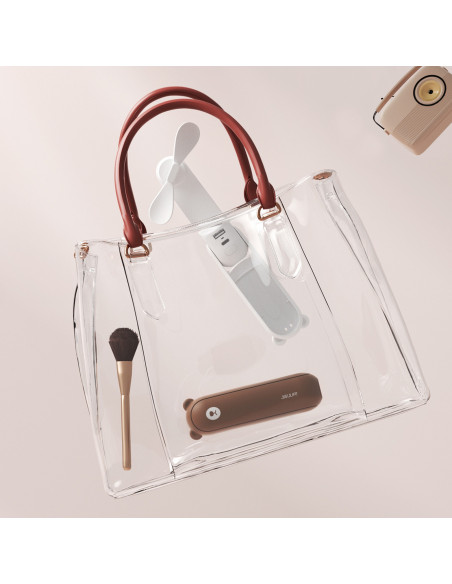 
Mini nešiojamas ventiliatorius su išorinės baterijos funkcija ir žibintuvėliu, USB-A, USB-C, 2000mAh - rudas
