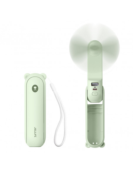 
Mini nešiojamas ventiliatorius su išorinės baterijos funkcija ir žibintuvėliu, USB-A, USB-C, 2000mAh, žalias
