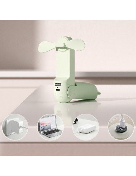 
Mini nešiojamas ventiliatorius su išorinės baterijos funkcija ir žibintuvėliu, USB-A, USB-C, 2000mAh, žalias
