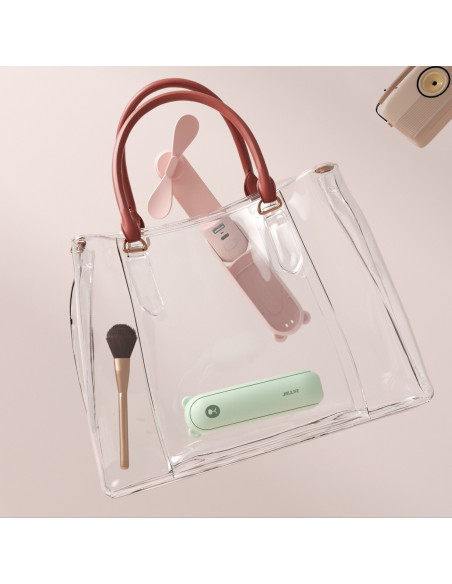 
Mini nešiojamas ventiliatorius su išorinės baterijos funkcija ir žibintuvėliu, USB-A, USB-C, 2000mAh, žalias
