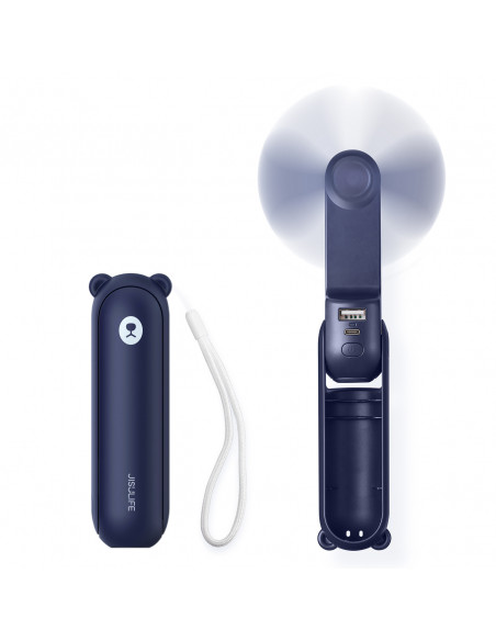 
Mini nešiojamas ventiliatorius su išorinės baterijos funkcija ir žibintuvėliu, USB-A, USB-C, 2000mAh, mėlynas
