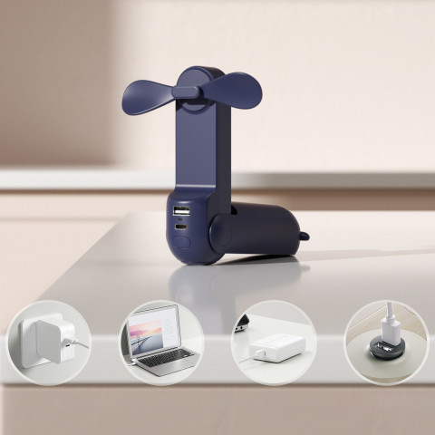 
Mini nešiojamas ventiliatorius su išorinės baterijos funkcija ir žibintuvėliu, USB-A, USB-C, 2000mAh, mėlynas
