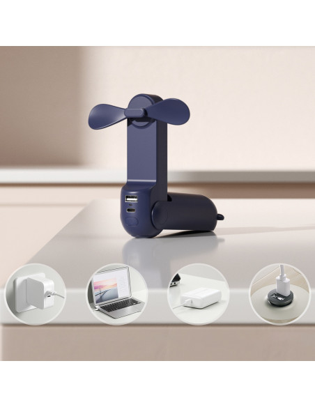 
Mini nešiojamas ventiliatorius su išorinės baterijos funkcija ir žibintuvėliu, USB-A, USB-C, 2000mAh, mėlynas
