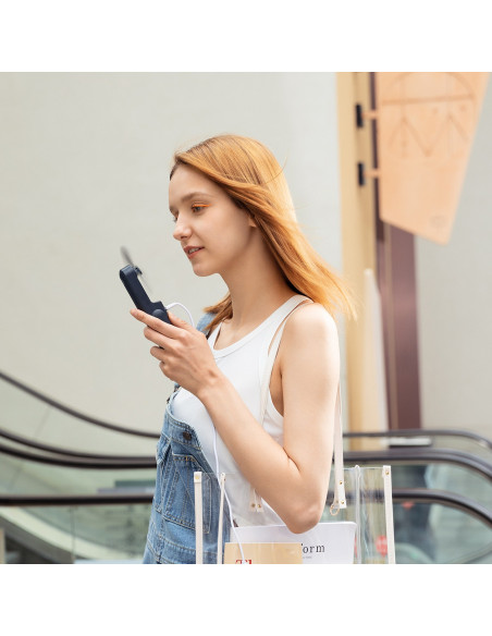 
Mini nešiojamas ventiliatorius su išorinės baterijos funkcija ir žibintuvėliu, USB-A, USB-C, 2000mAh, mėlynas
