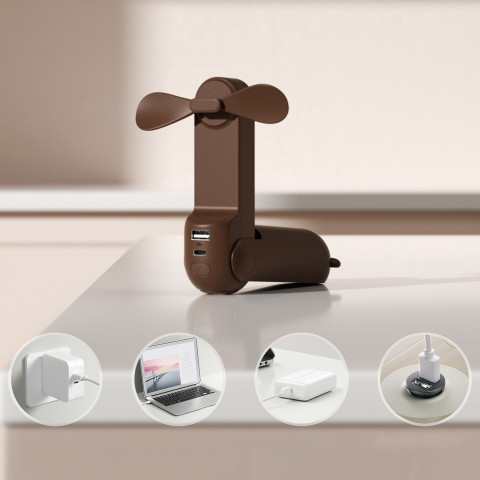 
Nešiojamas mini ventiliatorius su USB-A ir USB-C žibintuvėliu, 4500 mAh, rudas
