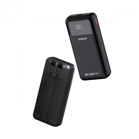 
20000mAh 22.5W PD USB-C USB-A išorinė baterija su integruotu „iPhone Lightning“ USB-C laidu – juoda
