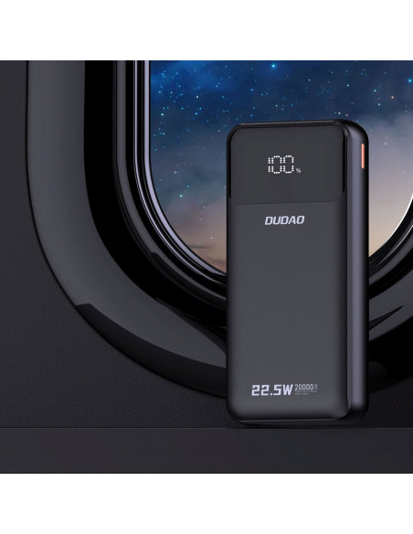 
20000mAh 22.5W PD USB-C USB-A išorinė baterija su integruotu „iPhone Lightning“ USB-C laidu – juoda
