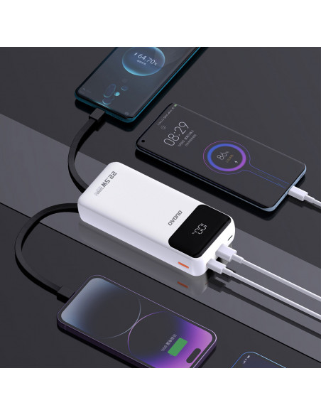 
20000mAh 22.5W PD USB-C USB-A išorinė baterija su integruotais „iPhone Lightning“ USB-C laidais – balta
