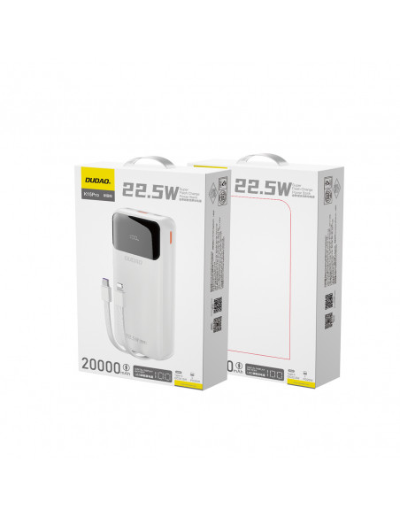 
20000mAh 22.5W PD USB-C USB-A išorinė baterija su integruotais „iPhone Lightning“ USB-C laidais – balta
