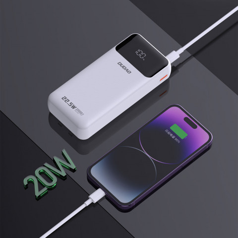 
20000mAh 22.5W PD USB-C USB-A išorinė baterija su integruotais „iPhone Lightning“ USB-C laidais – balta
