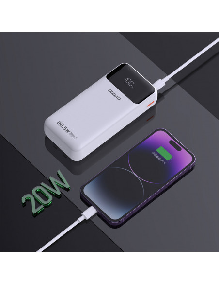 
20000mAh 22.5W PD USB-C USB-A išorinė baterija su integruotais „iPhone Lightning“ USB-C laidais – balta
