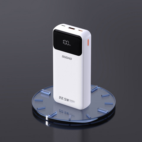 
20000mAh 22.5W PD USB-C USB-A išorinė baterija su integruotais „iPhone Lightning“ USB-C laidais – balta
