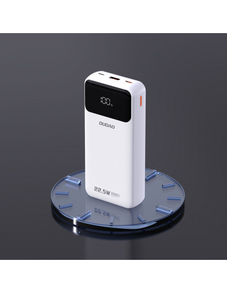 
20000mAh 22.5W PD USB-C USB-A išorinė baterija su integruotais „iPhone Lightning“ USB-C laidais – balta
