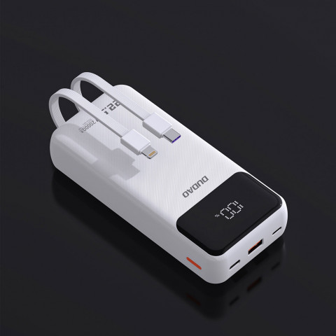 
20000mAh 22.5W PD USB-C USB-A išorinė baterija su integruotais „iPhone Lightning“ USB-C laidais – balta
