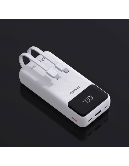 
20000mAh 22.5W PD USB-C USB-A išorinė baterija su integruotais „iPhone Lightning“ USB-C laidais – balta
