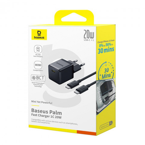 
„Palm 1C“ 20 W sieninis įkroviklis su 60 W 1 m USB-C laidu – juodas
