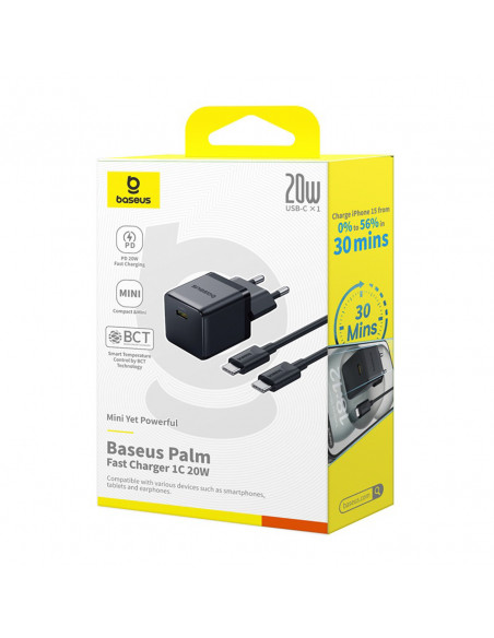 
„Palm 1C“ 20 W sieninis įkroviklis su 60 W 1 m USB-C laidu – juodas
