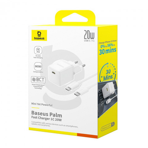 
„Palm 1C“ 20 W sieninis įkroviklis su 60 W 1 m USB-C laidu – baltas
