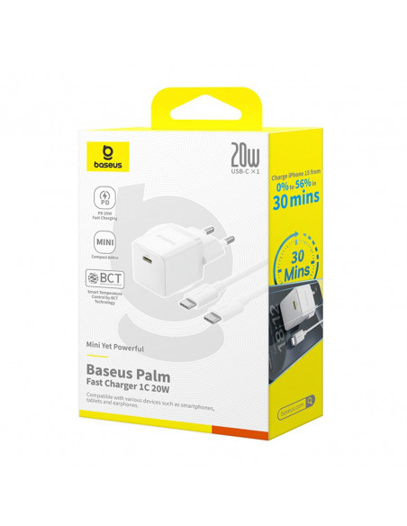
„Palm 1C“ 20 W sieninis įkroviklis su 60 W 1 m USB-C laidu – baltas
