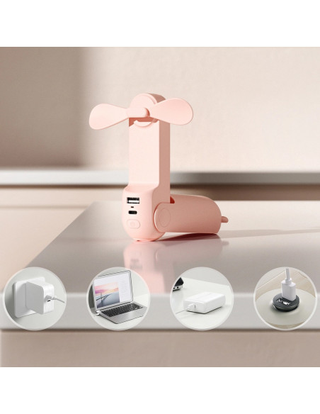 
Nešiojamas mini ventiliatorius su USB-A ir USB-C žibintuvėliu, 4500 mAh, rožinis
