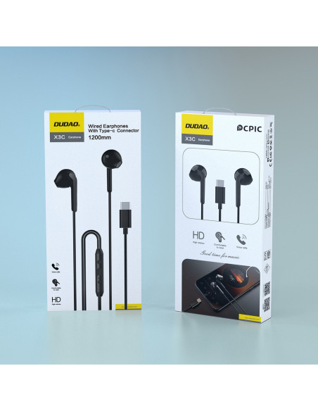 
USB-C laidinės į ausis įdedamos ausinės, 1,2 m ilgio – juodos
