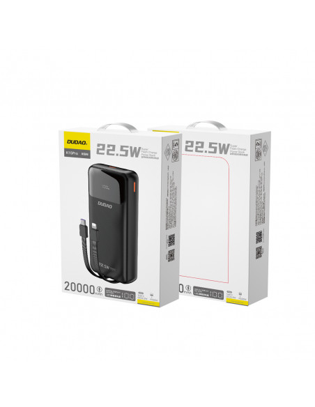 
20000mAh 22.5W PD USB-C USB-A išorinė baterija su integruotu „iPhone Lightning“ USB-C laidu – juoda
