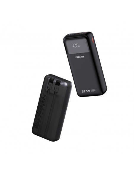 
20000mAh 22.5W PD USB-C USB-A išorinė baterija su integruotu „iPhone Lightning“ USB-C laidu – juoda
