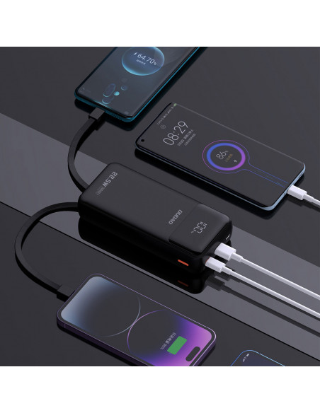 
20000mAh 22.5W PD USB-C USB-A išorinė baterija su integruotu „iPhone Lightning“ USB-C laidu – juoda
