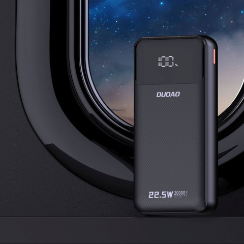 
20000mAh 22.5W PD USB-C USB-A išorinė baterija su integruotu „iPhone Lightning“ USB-C laidu – juoda
