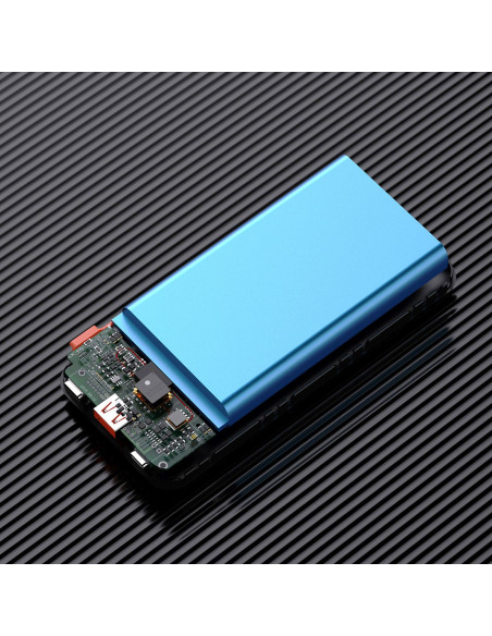 
20000mAh 22.5W PD USB-C USB-A išorinė baterija su integruotu „iPhone Lightning“ USB-C laidu – juoda
