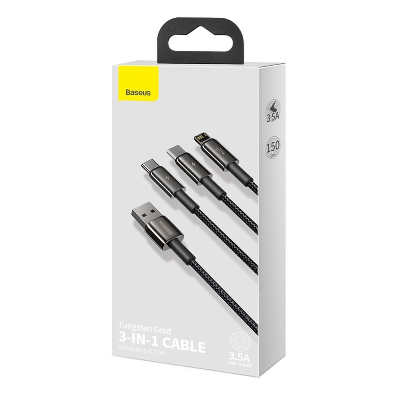 Kabelis 3in1 USB USB-C iPhone Lightning microUSB 3.5 A 1.5 m juodas