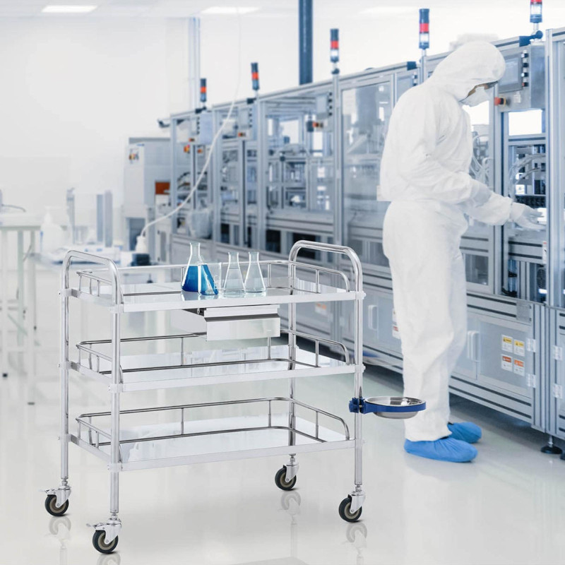 Kosmetinio gydymo laboratorinis vežimėlis iš plieno 3 lentynos 1 stalčius 71 x 63 x 86 cm 15 kg