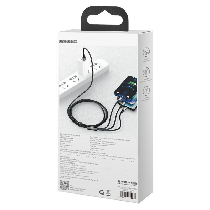 Kabelis 3in1 USB USB-C iPhone Lightning microUSB 3.5 A 1.5 m juodas