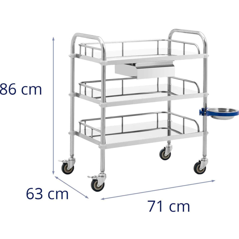 Kosmetinio gydymo laboratorinis vežimėlis iš plieno 3 lentynos 1 stalčius 71 x 63 x 86 cm 15 kg