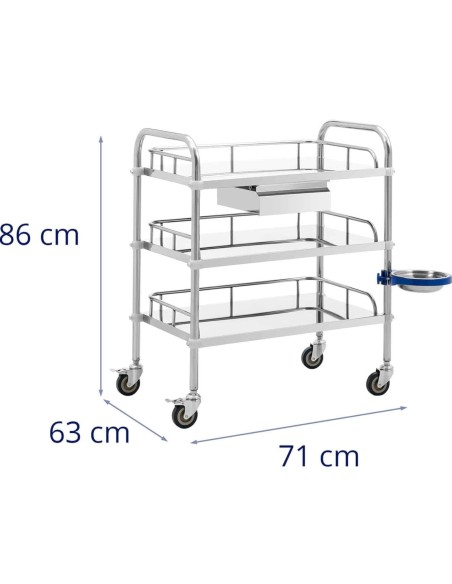 Kosmetinio gydymo laboratorinis vežimėlis iš plieno 3 lentynos 1 stalčius 71 x 63 x 86 cm 15 kg Kosmetinio gydymo laboratorinis vežimėlis iš plieno 3 lentynos 1 stalčius 71 x 63 x 86 cm 15 kg