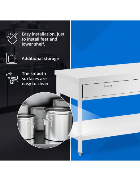 
Stalas, stalviršis, 3 stalčiai, lentyna, PLIENAS, 200 x 60 cm
