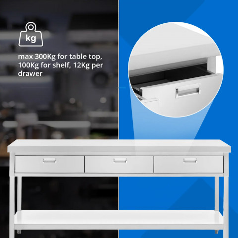 
Stalas, stalviršis, 3 stalčiai, lentyna, PLIENAS, 200 x 60 cm
