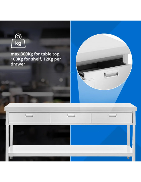 
Stalas, stalviršis, 3 stalčiai, lentyna, PLIENAS, 200 x 60 cm
