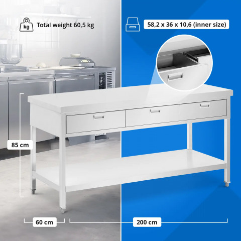 
Stalas, stalviršis, 3 stalčiai, lentyna, PLIENAS, 200 x 60 cm
