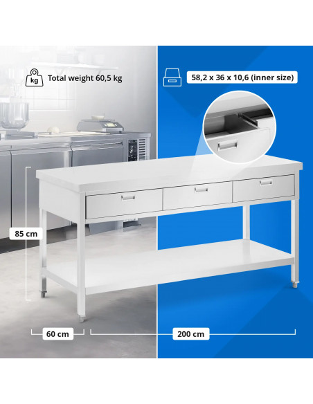 
Stalas, stalviršis, 3 stalčiai, lentyna, PLIENAS, 200 x 60 cm
