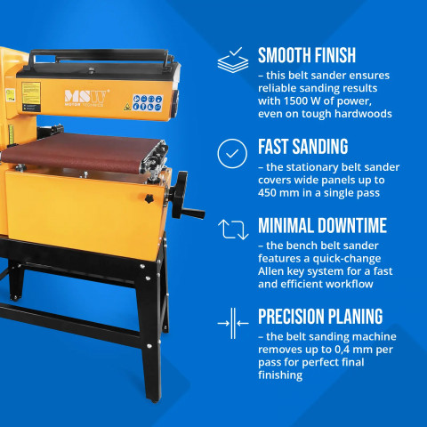 
Platus juostinis šlifuoklis metalui, medienai, plastikui, plotis 450 mm, 1500 W
