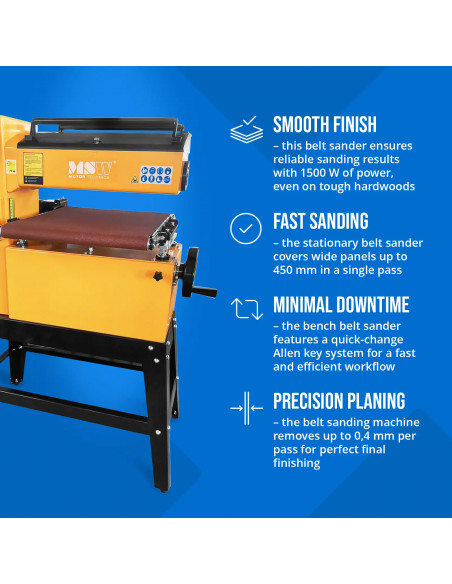 
Platus juostinis šlifuoklis metalui, medienai, plastikui, plotis 450 mm, 1500 W
